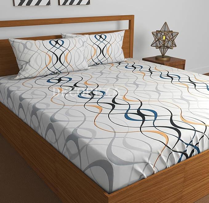 DECOREZA Store 240 TC Glace Cotton Elastic Fitted Bedsheet (White Wave)