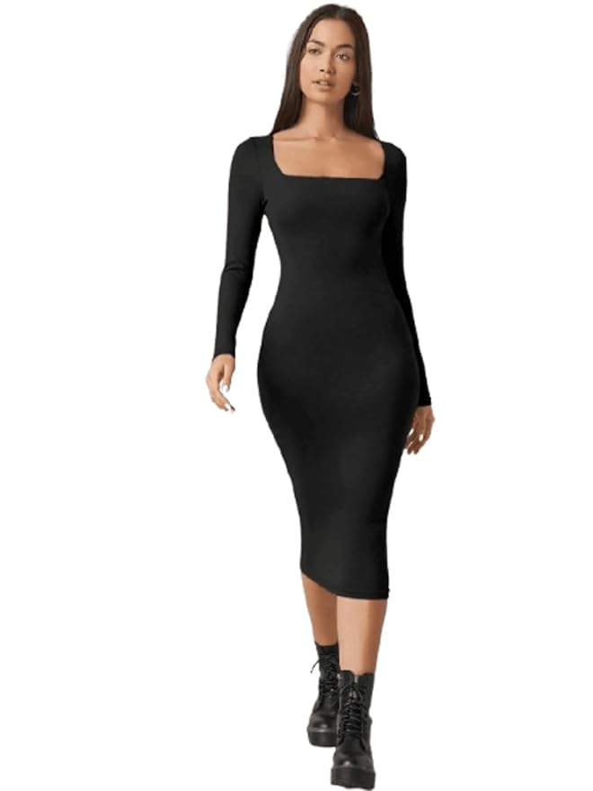 Aahwan Solid Square Neck Midi Bodycon Dress