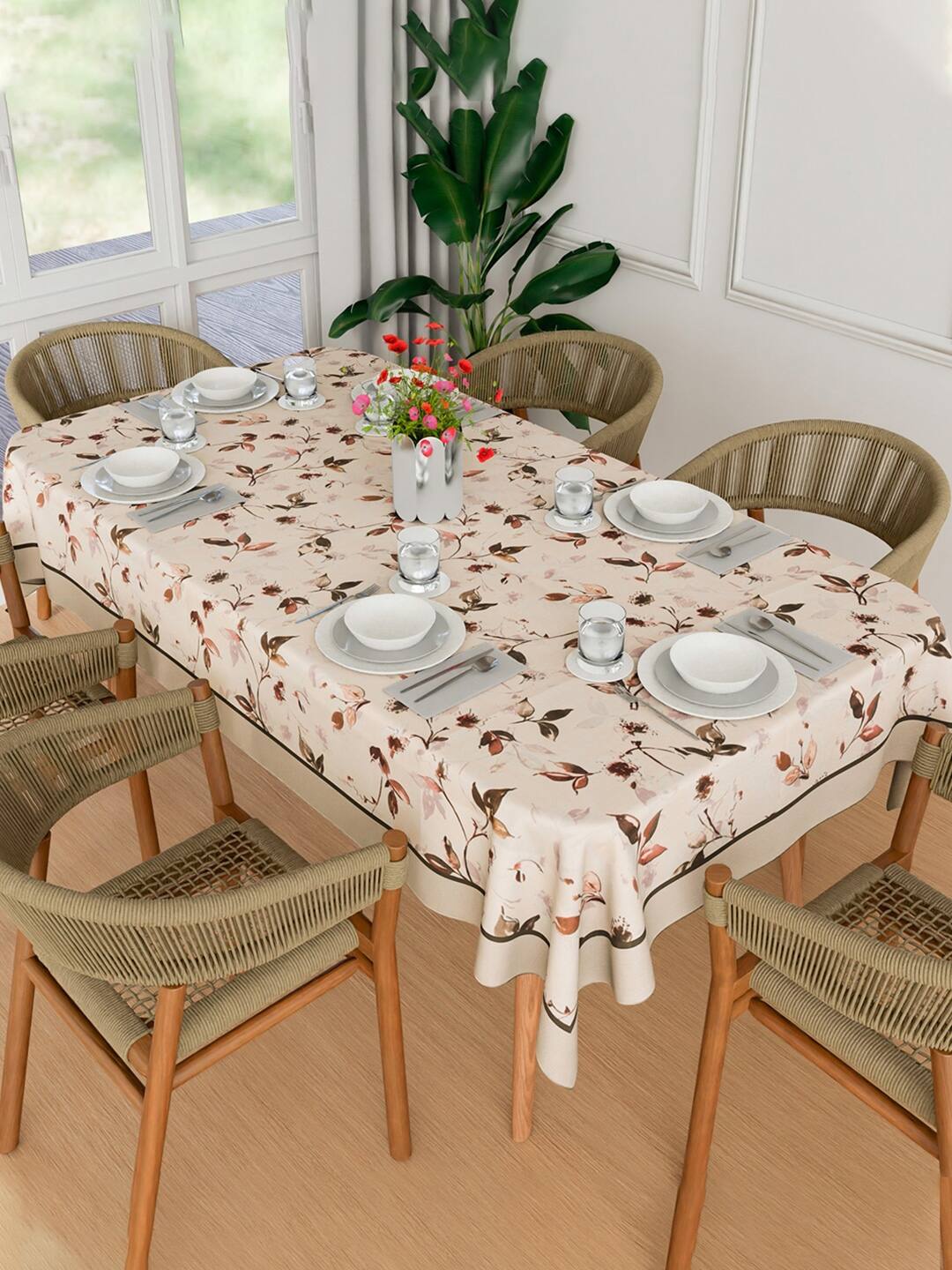 Kuber Industries Cream-Colored Floral Design Cotton 6-Seater Table Cover Kuber Industries Cream-Colored Floral Design Cotton 6-Seater Table Cover