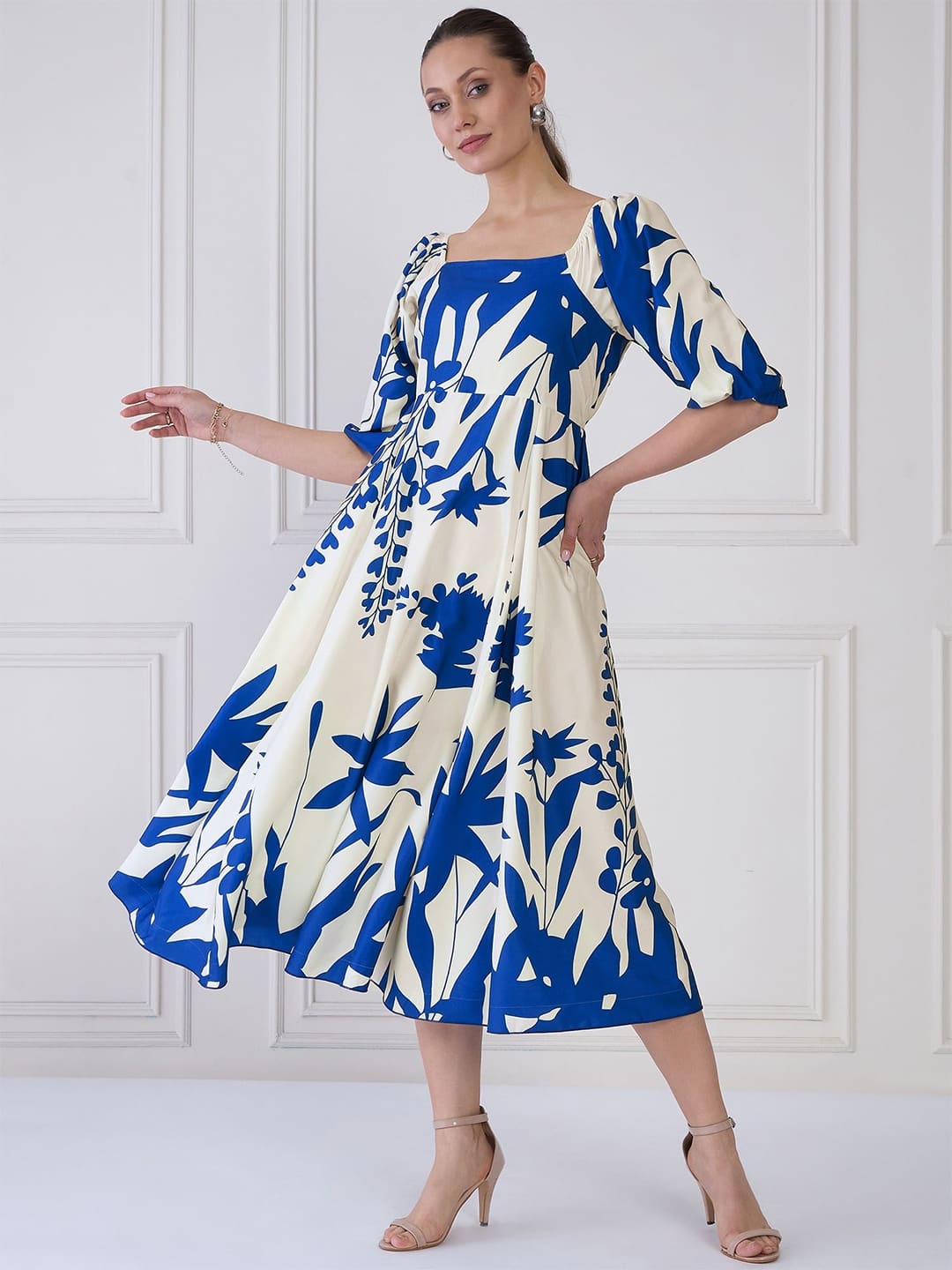 Antheaa Tie and Dye Print Puff Sleeve Crepe A-Line Midi Dress Antheaa Tie and Dye Print Puff Sleeve Crepe A-Line Midi Dress