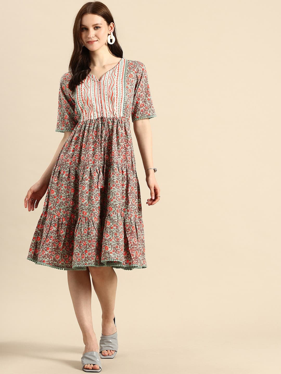 A&amp;K Printed V-Neck Pure Cotton Fit &amp; Flare Dress