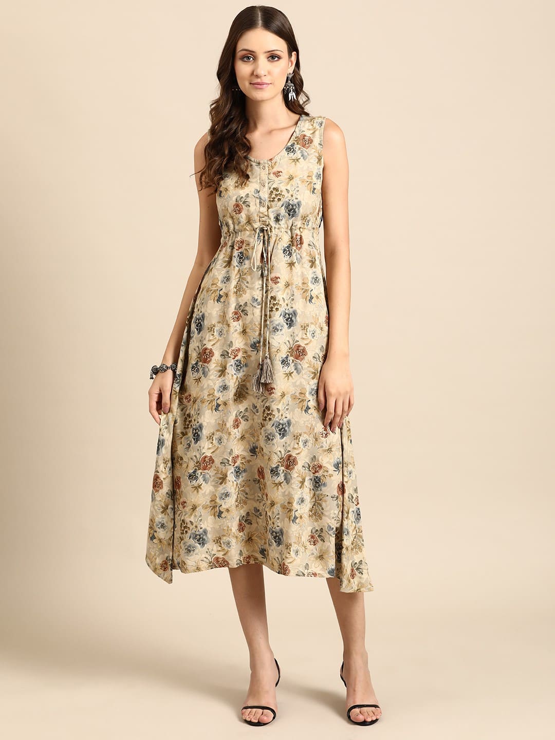 Anouk Floral Printed Fit &amp; Flare Midi Ethnic Dress