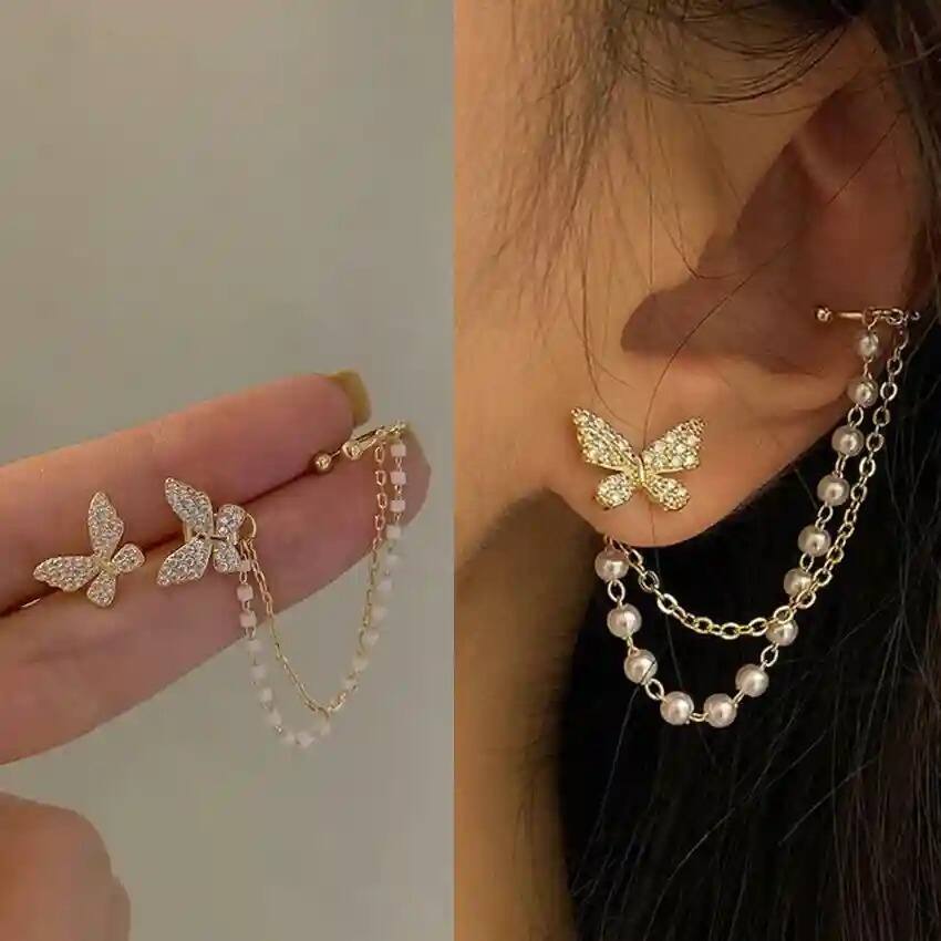Vembley Korean Chain Ear Cuff Butterfly Stud Earrings For Women & Girls 2 Pcs/Set Metal Cuff Earring Vembley Korean Chain Ear Cuff Butterfly Stud Earrings For Women & Girls 2 Pcs/Set Metal Cuff Earring