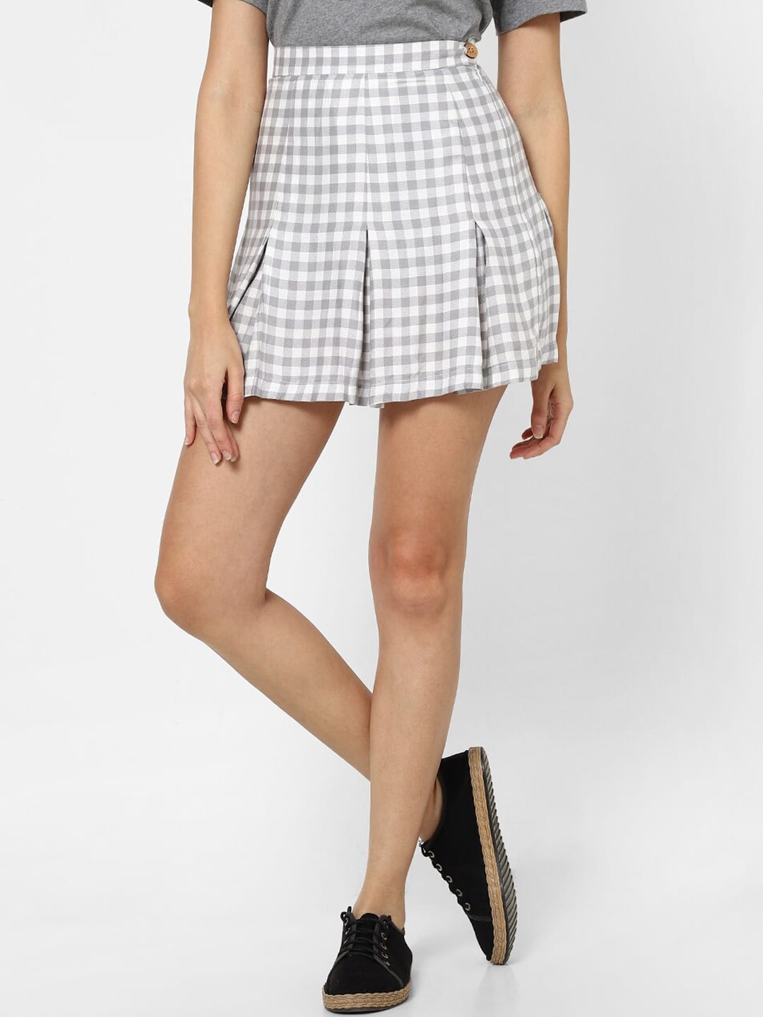 VASTRADO Checked Pure Cotton Pleated Flared Mini Skirt
