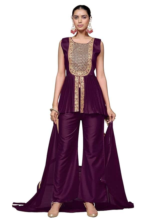 EthnicJunction Women’s Cotton Silk Yoke Embroidery A-Line Kurta Palazzo With Dupatta