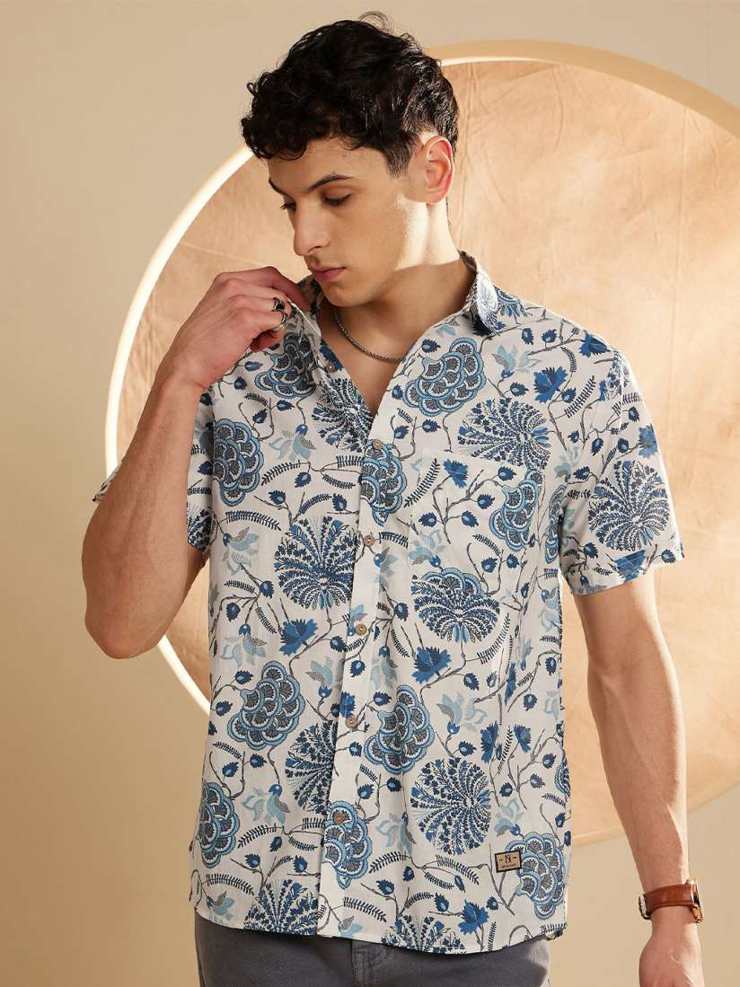 1. DENNISON Smart Floral Printed Spread Collar
