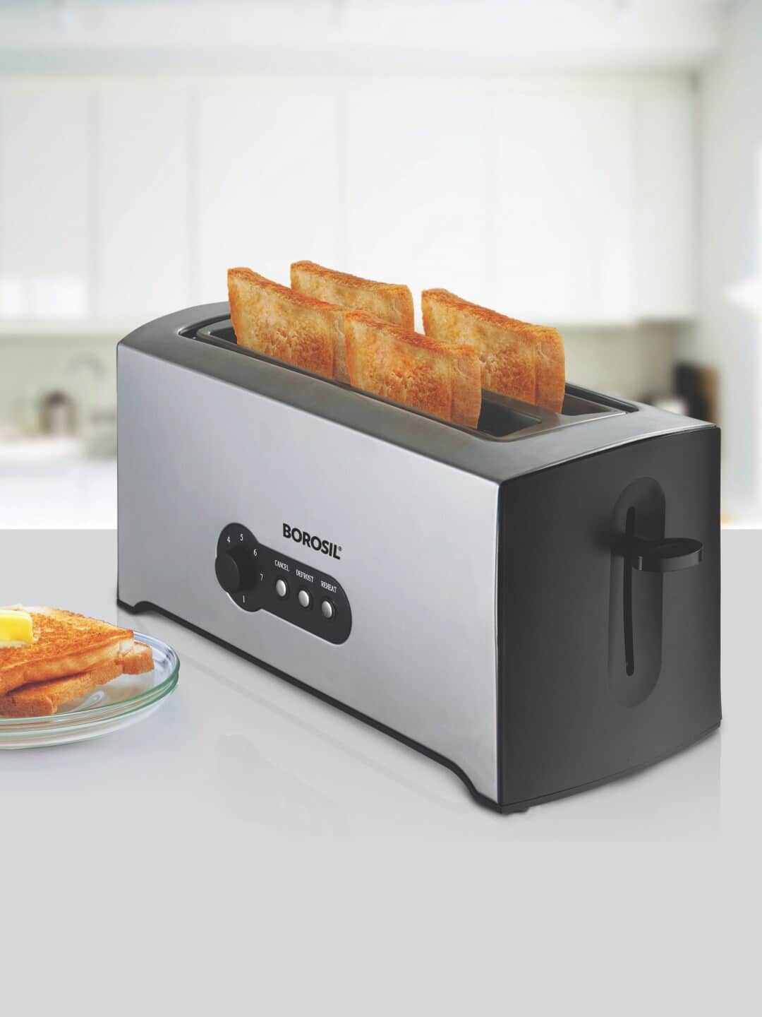BOROSIL: Silver & Black Solid 4-Slice Pop-Toaster BOROSIL: Silver & Black Solid 4-Slice Pop-Toaster