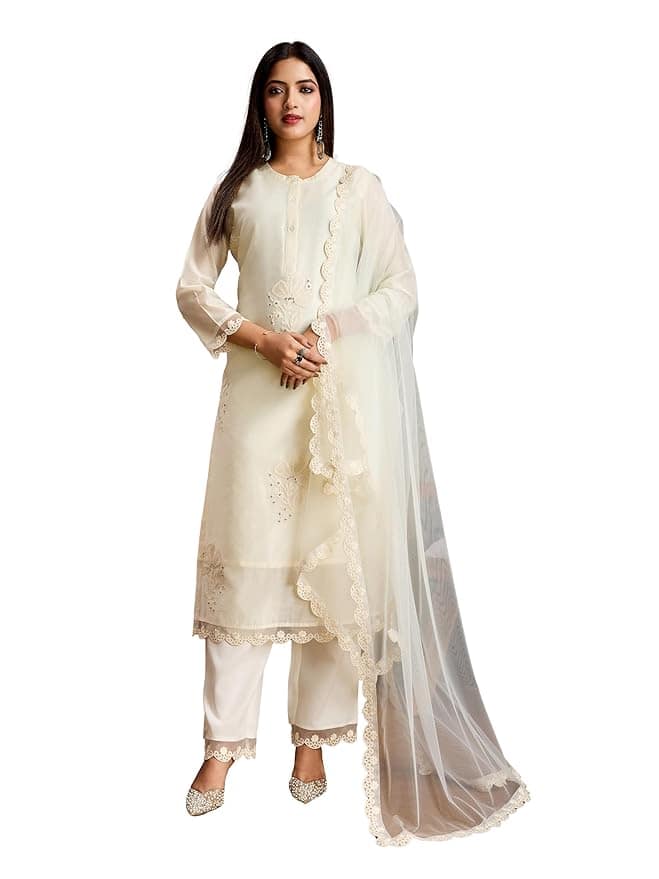 FABIAN FASHION Women’s Chanderi Cotton Silk Embroidered Kurta &amp; Crepe Pant Set With Lace Dupatta