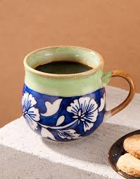 Fabindia Blue &amp; Green Floral Printed Ceramic Glossy Mugs Set