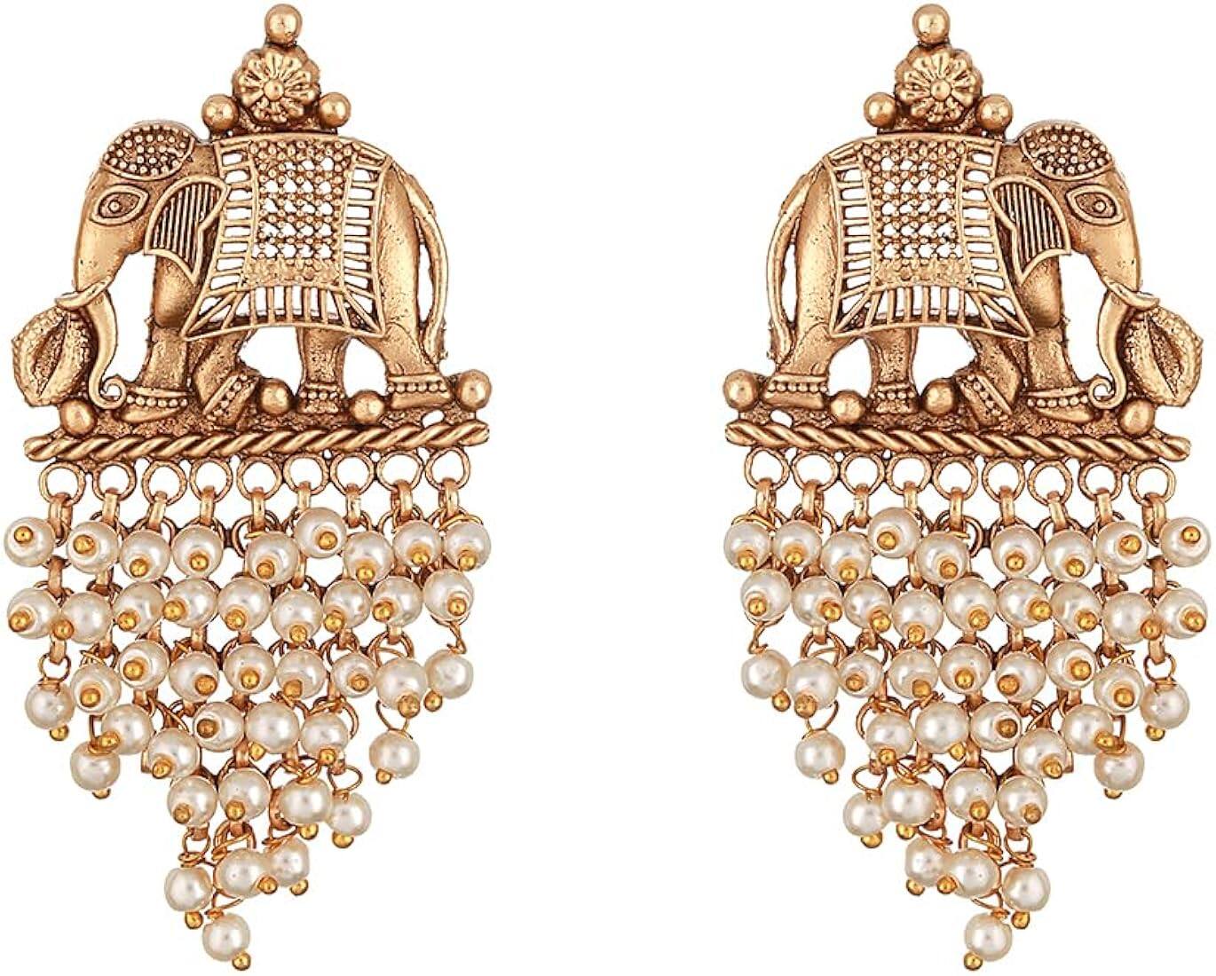 Saraf RS Jewellery Gold-Plated AD Stone Studded Contemporary Brass Drop Earrings Saraf RS Jewellery Gold-Plated AD Stone Studded Contemporary Brass Drop Earrings