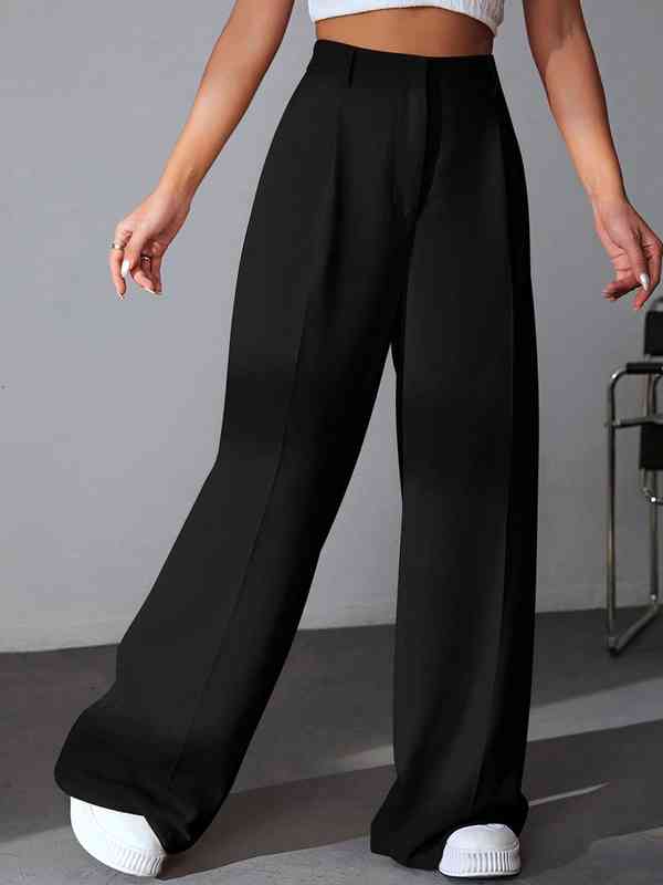 KOTTY BIZwear Women Relaxed High-Rise Easy Wash Pleated Parallel Trousers