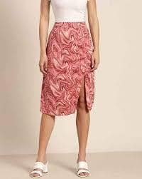 Marie Claire Women Peach-Coloured Abstract Print Ruched Detail High-Slit A-Line Skirt Marie Claire Women Peach-Coloured Abstract Print Ruched Detail High-Slit A-Line Skirt