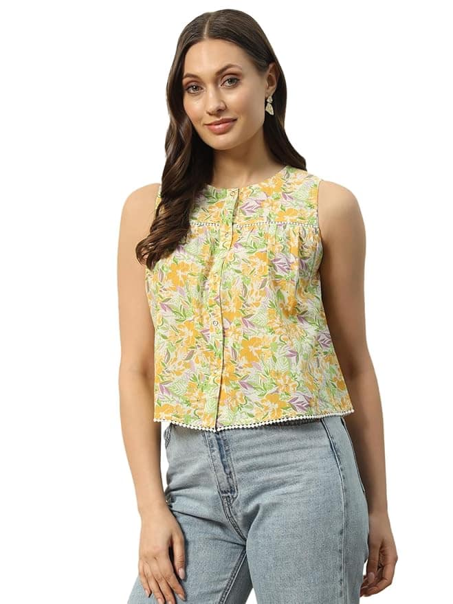 FIORRA Women's Floral Cotton Top with Lace Design