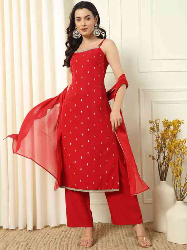 Fiorra Geometric Printed Shoulder-Straps Straight Kurta with Palazzos & Dupatta Fiorra Geometric Printed Shoulder-Straps Straight Kurta with Palazzos & Dupatta