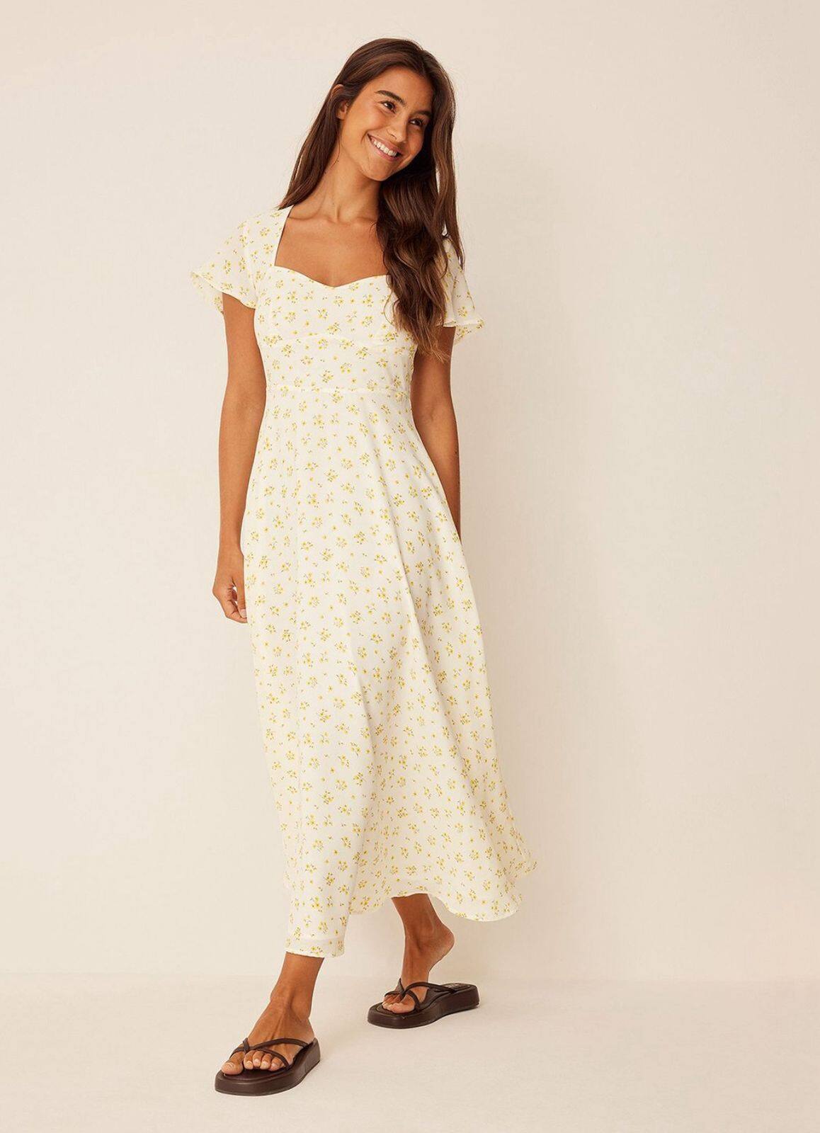 DressBerry Women's Off White FLORAL Crepe Ankle Length Dres