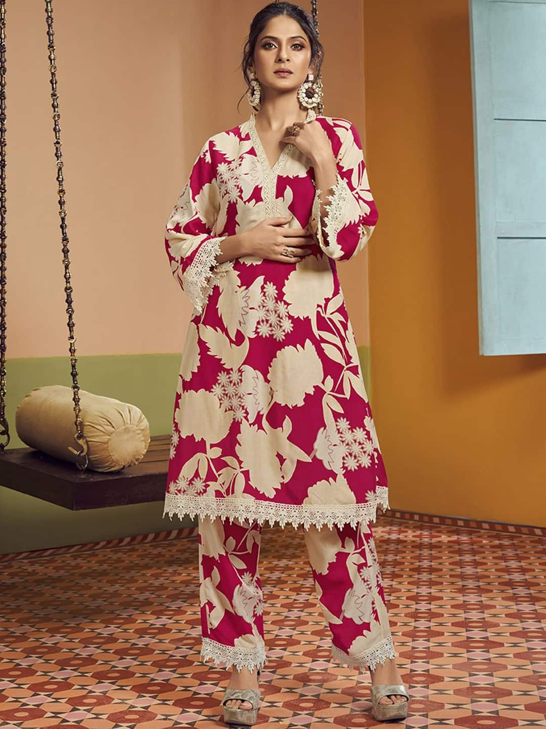 Bhama Couture Floral Printed Regular Pakistani Style Kurta with Palazzos