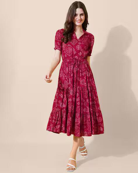 FLOWERVELLY – Ethnic Motifs V-Neck Fit & Flare Dress FLOWERVELLY – Ethnic Motifs V-Neck Fit & Flare Dress