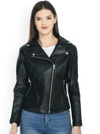  TBOJ Women Lapel Collar Solid Casual Leather Jacket