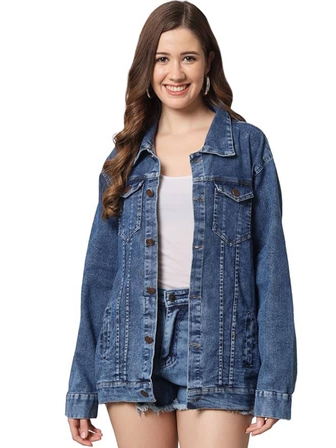 FUNDAY FASHION Women's Denim Blend Solid Loose Fit Jacket FUNDAY FASHION Women's Denim Blend Solid Loose Fit Jacket