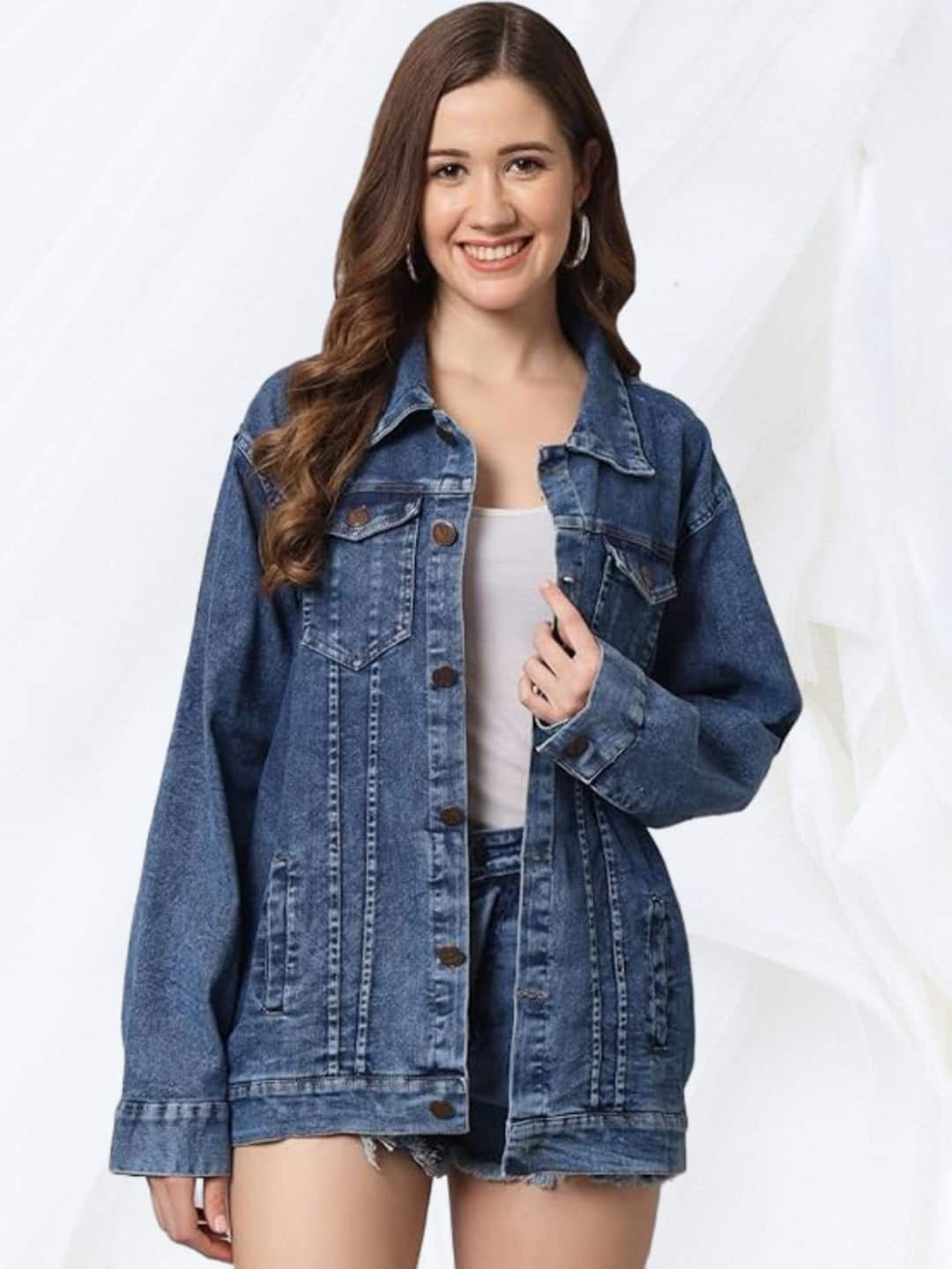 Funday Fashion Women Spread Collar Washed Self-Design Casual Denim Jacket