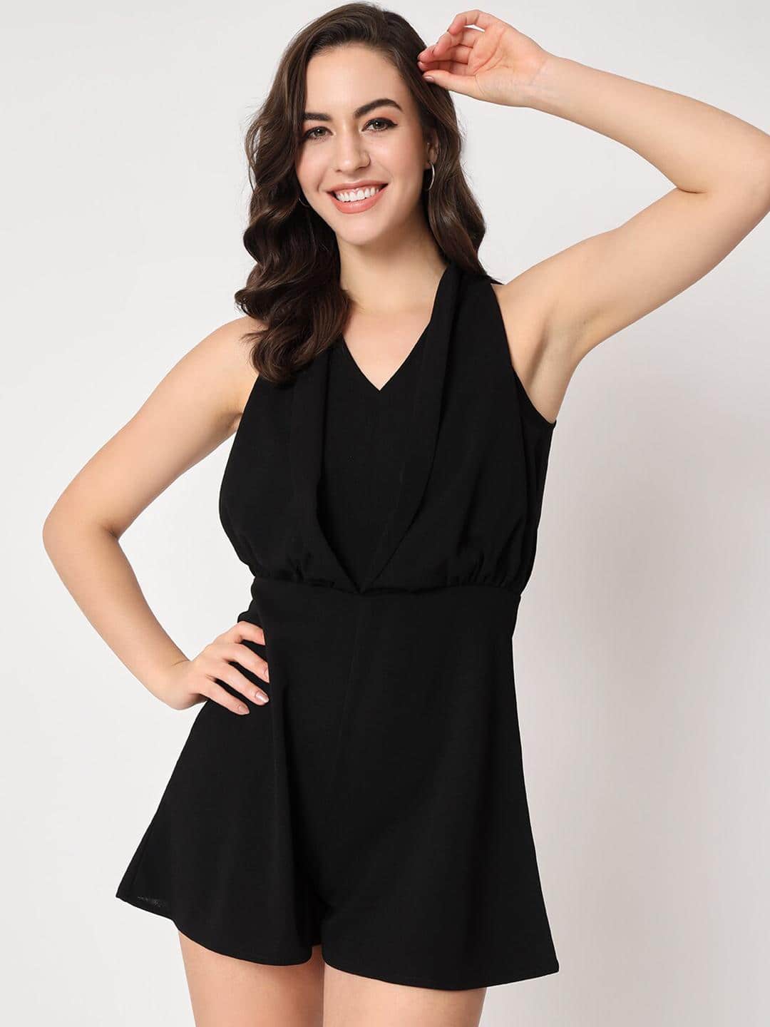  Berrylush Black Solid Notched Lapel Neck Jumpsuit