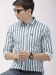 The Indian Garage Co Men White &amp; Teal Blue Slim Fit Striped Casual Shirt
