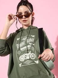 Roadster The Life Co. Olive Green Printed Hooded Pullover Oversized Baggy Sweatshirt Roadster The Life Co. Olive Green Printed Hooded Pullover Oversized Baggy Sweatshirt