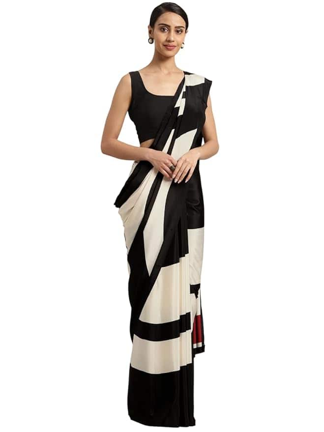 Generic Women's Soft Italian Silk Saree, Black and White Striped, Sleeveless