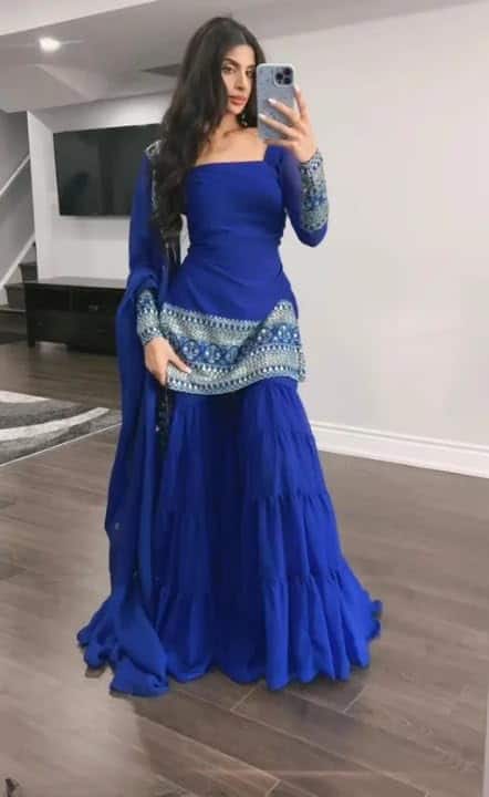 Generic Royal Blue Embellished Sharara with Square Neck Top Generic Royal Blue Embellished Sharara with Square Neck Top