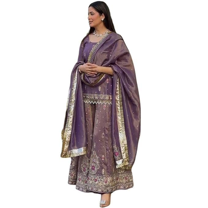 Generic Purple Net Embroidered Sharara Suit with Dupatta Generic Purple Net Embroidered Sharara Suit with Dupatta
