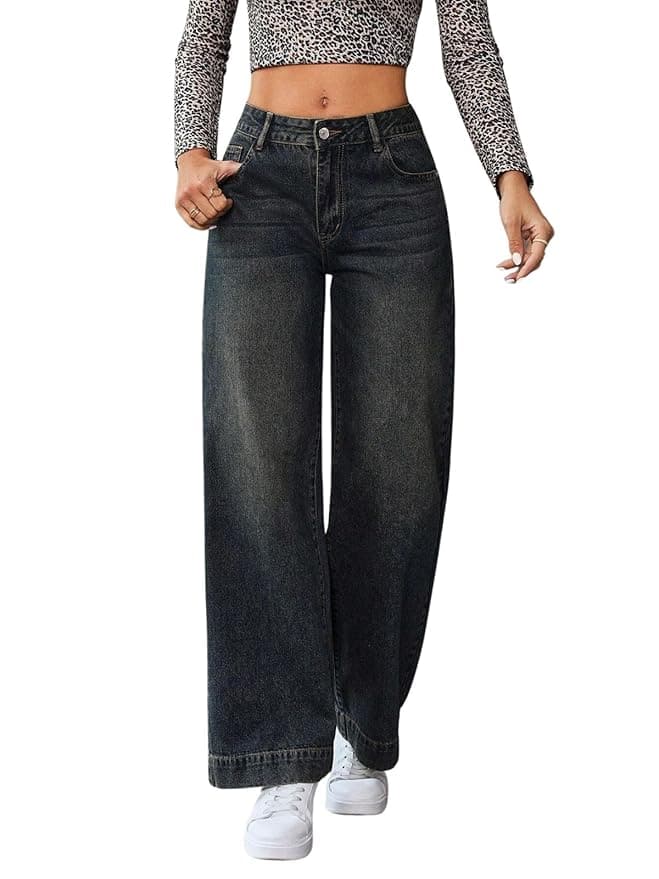GRECIILOOKS Women's Regular Fit High Rise Baggy Bell Bottom Jeans