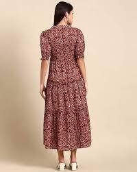  KALINI Floral Printed Mandarin Collar Puff Sleeves Cotton Fit and Flare Dress