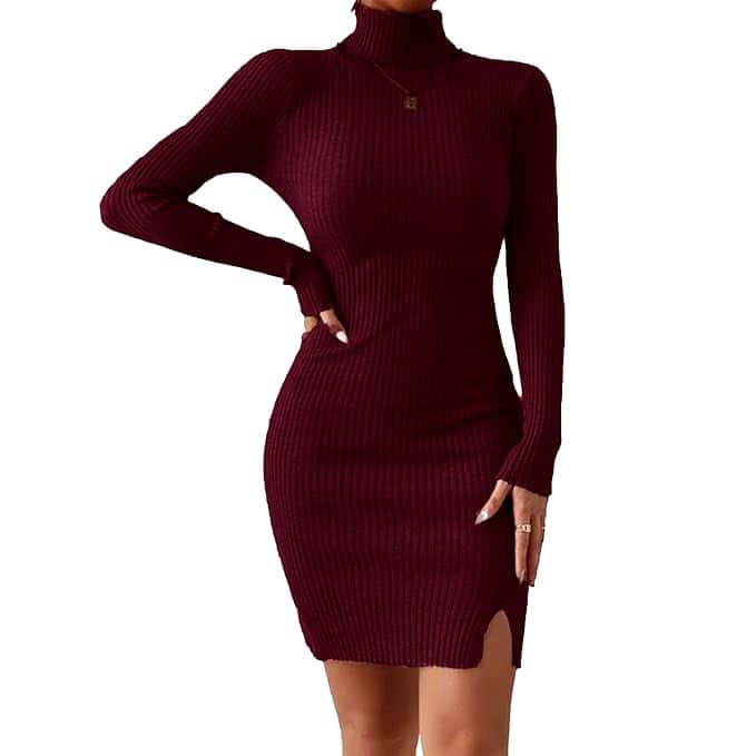GLARE &amp; BLAIR Solid Turtle Neck Ribbed Knit Bodycon Dress