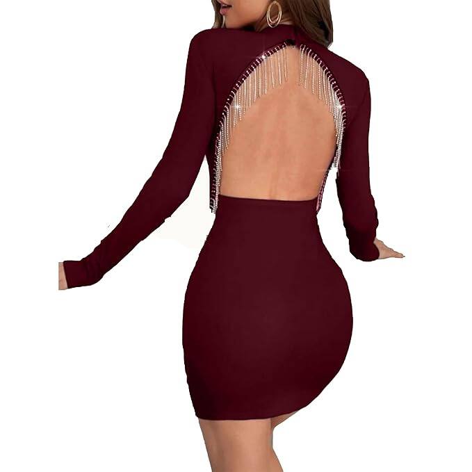 4. GLARE &amp; BLAIR Backless Rhinestone Fringe Ribbed Mini Dress