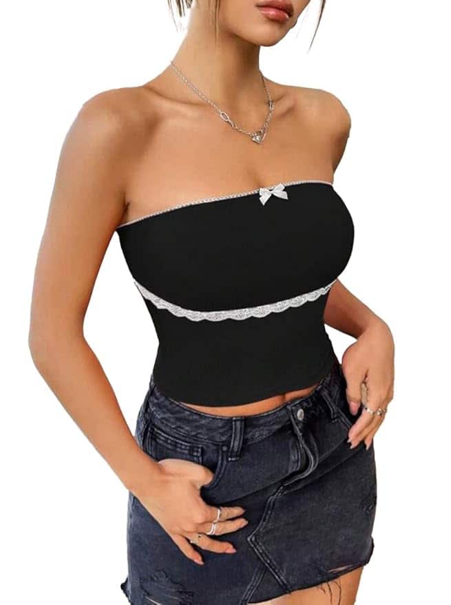 GLARE &amp; BLAIR Ribbed Crop Top with Lace Trim