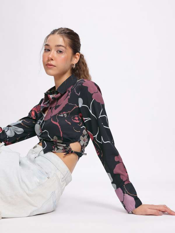 glitchez – Floral Print Tie-Up Crop Shirt