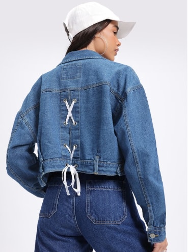 Glitchez Clean Lace-Ups Cotton Drop-Shoulder Sleeves Crop Denim Jacket