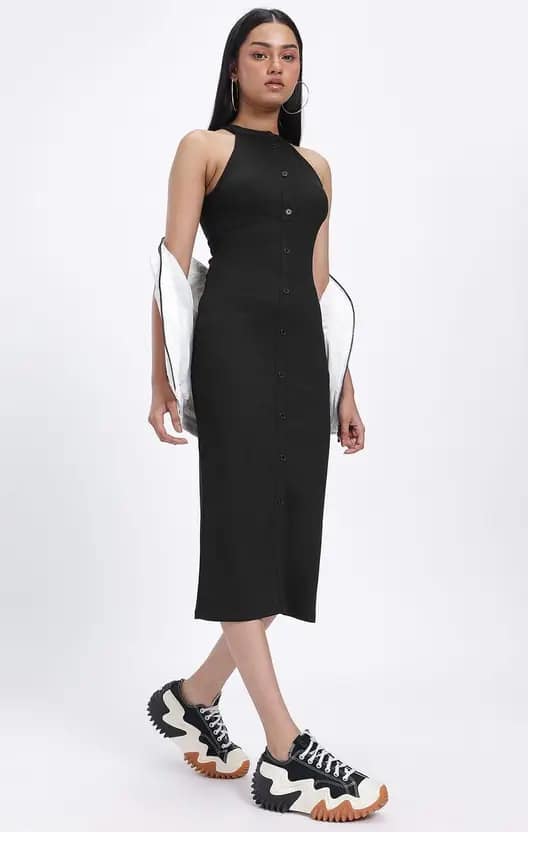 Glitchez Women's Bodycon Black Midi/Calf Length Dress