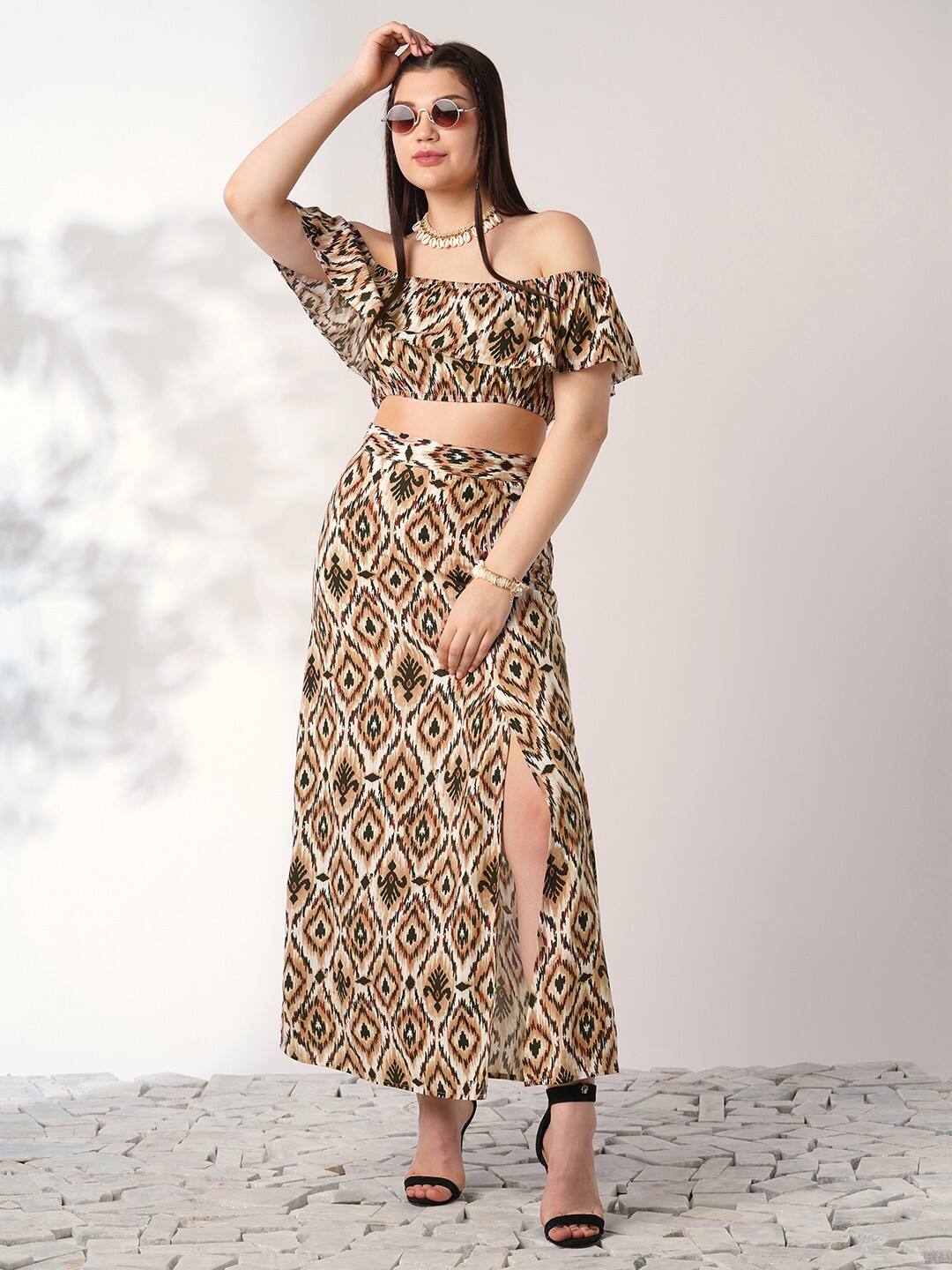 Globus Ikat Print Off-Shoulder Ruffle Crop Top with Maxi Skirt Co-Ords Globus Ikat Print Off-Shoulder Ruffle Crop Top with Maxi Skirt Co-Ords