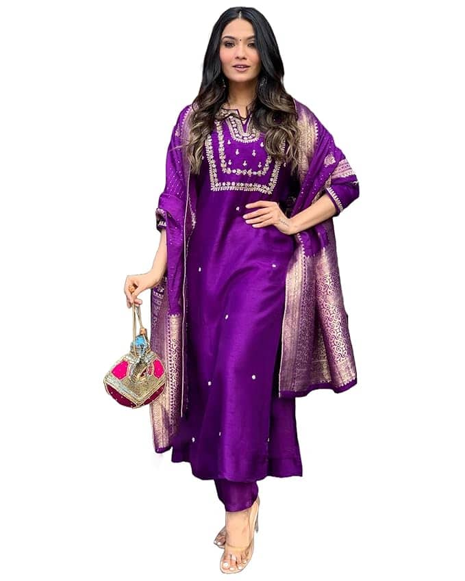 GoSriKi Women’s Silk Blend Straight Embroidered Kurta with Pant & Dupatta GoSriKi Women’s Silk Blend Straight Embroidered Kurta with Pant & Dupatta