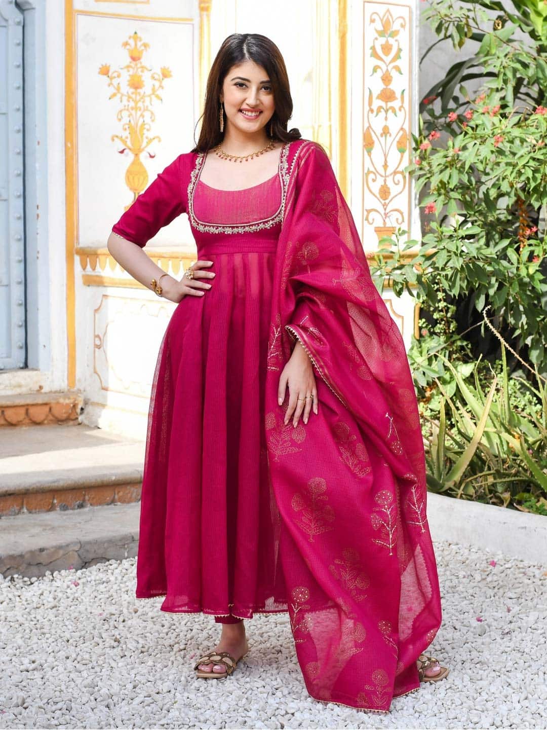 GoSriKi Thread Work Anarkali Kurta With Trouser &amp; Dupatta