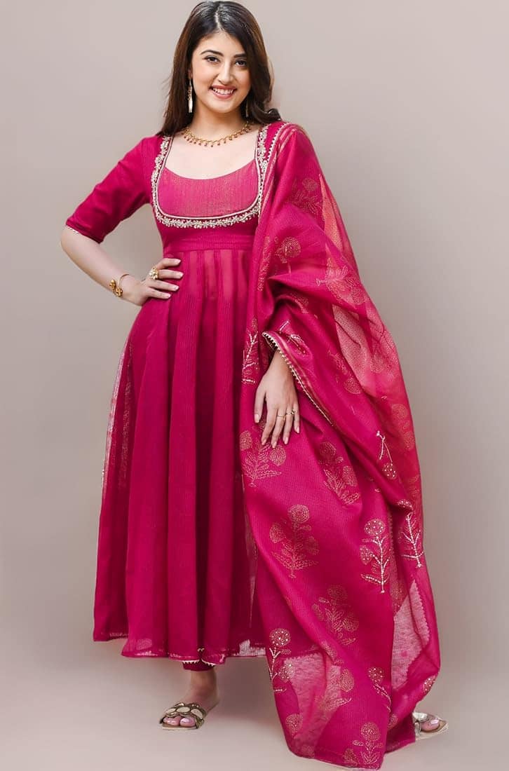 Gosriki Thread Work Anarkali Kurta with Trouser &amp; Dupatta