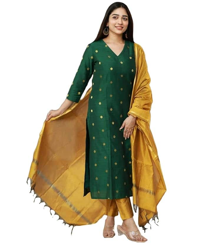GoSriKi Women's 3-Piece Silk Cotton Kurta Set with Dupatta