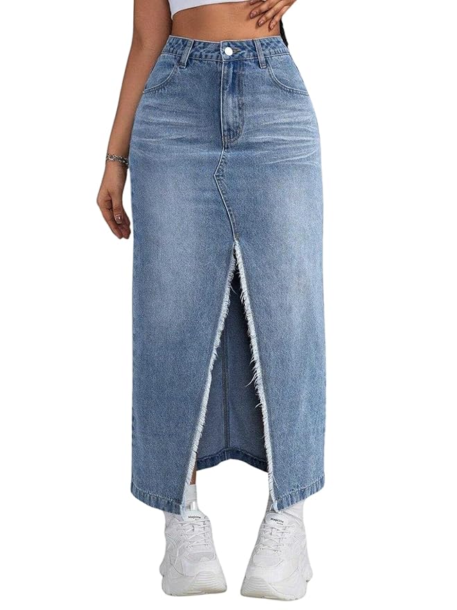 1. GRECIILOOKS Women's High Waist Denim Skirt with Front Slit 1. GRECIILOOKS Women's High Waist Denim Skirt with Front Slit