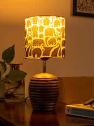 green girgit Brown Printed Wood Cylindrical Shaped Table Lamp