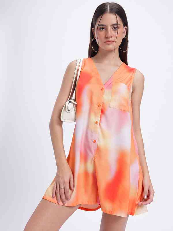  glitchez Dyed V-Neck Button-Up Playsuit