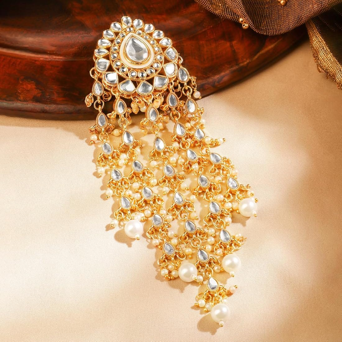 Rubans 18K Gold-Plated Kundan &amp; Pearl Beads Studded Teardrop Multilayer Hair Accessory