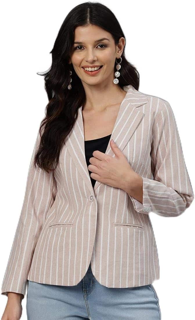  Cottinfab Striped Single-Breasted Pure Cotton Casual Blazer
