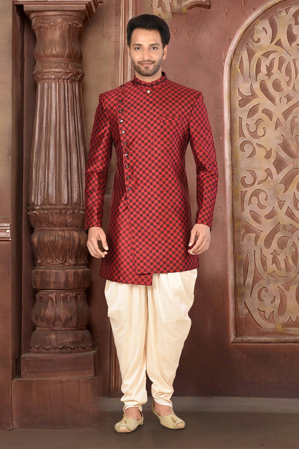 RANAK Self Design Mandarin Collar Sherwani Set