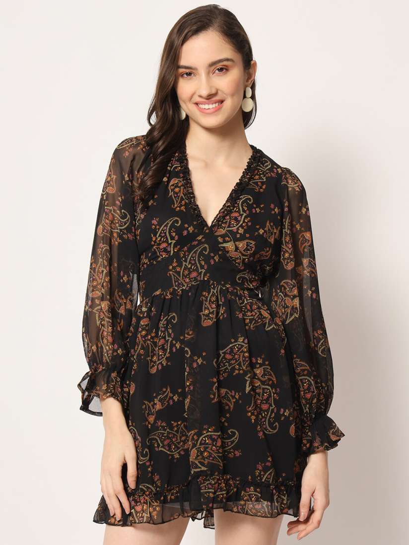 HERE&amp;NOW – Floral V‑Neck Fit &amp; Flare Mini Dress